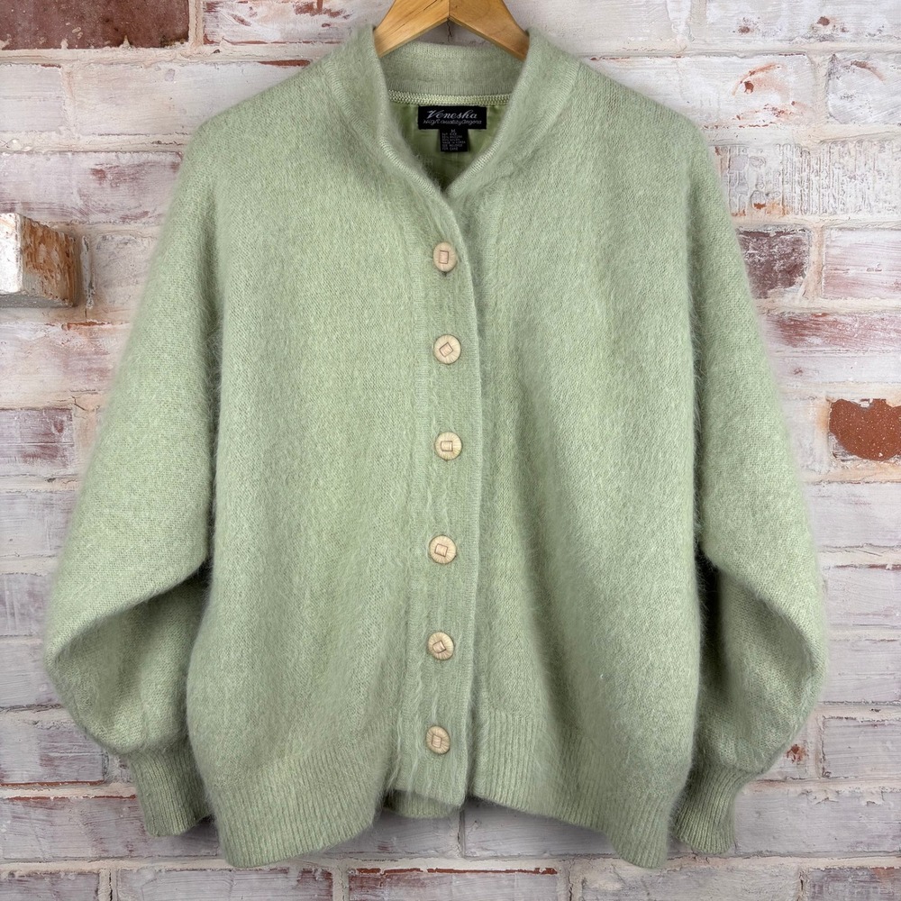Vintage Venosha Angora Cardigan Sweater Sage Green Oversized Soft Cottagecore
